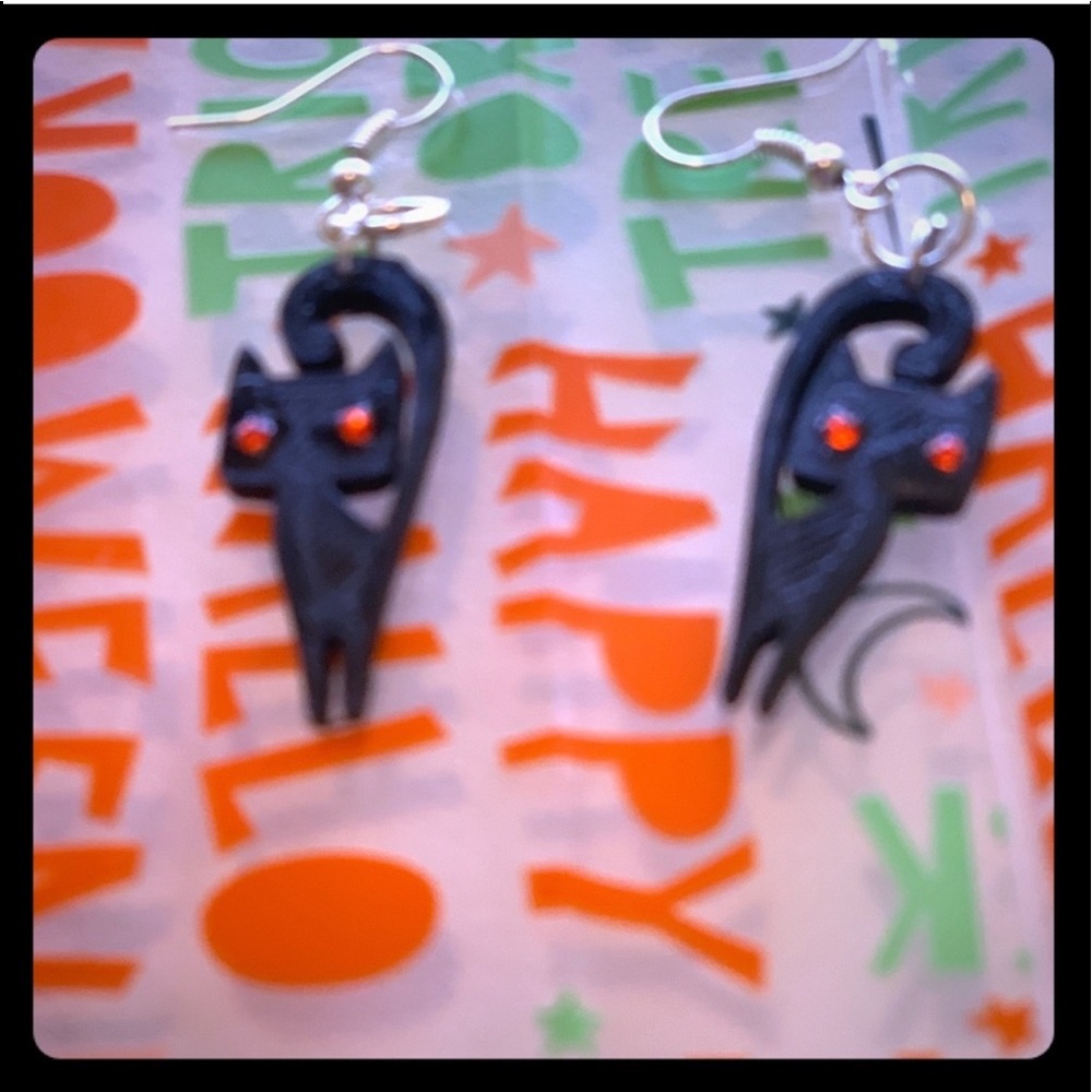 New Black Cat Handmade Artisan 3D Printed S925 Sterling Silver Dangle Earrings - Picture 7 of 7